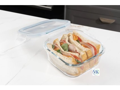Négyzet alakú 800 ml-es hőálló üveg ételtároló szendviccsel, nyitott tetővel