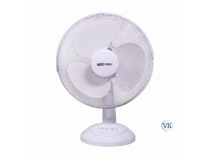 Fehér asztali ventilátor elölnézetből, fémrácsos védelemmel és TOO COOL! logóval